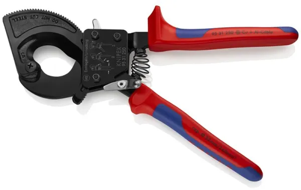 Cortador de Cabos Knipex (Princípio de Catraca) lacado a preto, com cabo multi-componente 250 mm