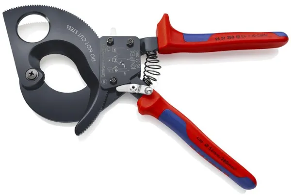 Cortador de Cabos Knipex (Princípio de Catraca) lacado a preto, com cabo multi-componente 280 mm